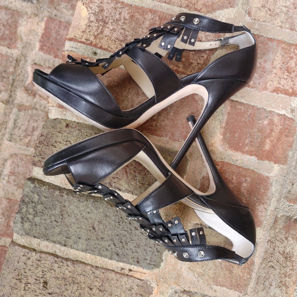 JIMMY CHOO BLACK LEATHER STUDDED FRINGE PLATFORM SANDALS, 39 - Picture 11 of 16